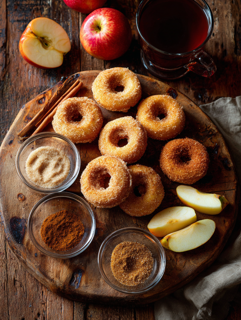 A rustic wooden board covered with golden-brown mini donuts rolled in cinnamon sugar