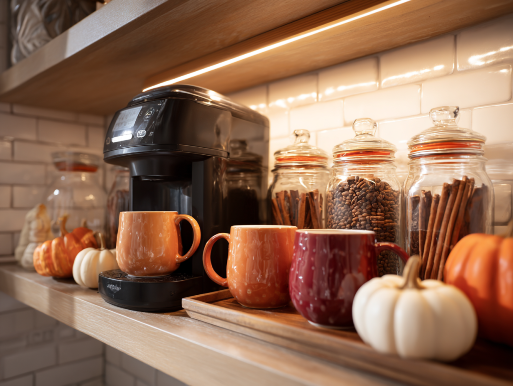 Beautifully styled coffee station with autumn mugs, small pumpkins, and cinnamon sticks in jars for an autumn aesthetic