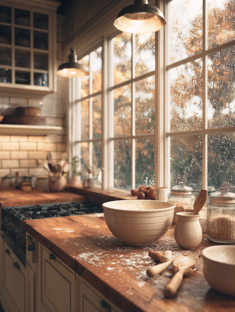 Cozy kitchen scene with rain visible through a window, mixing bowls on the counter