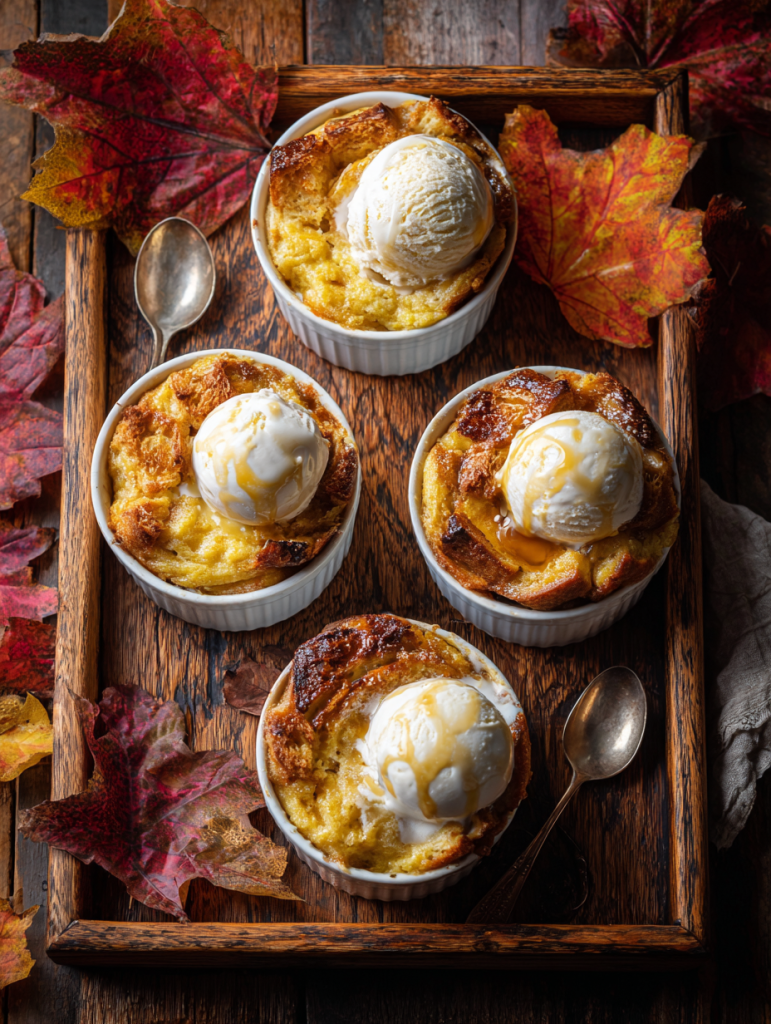Four white ramekins filled with golden bread pudding