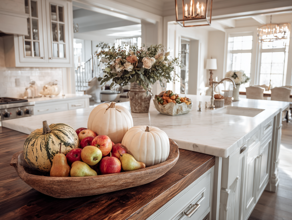 Kitchen island decorated with various pumpkins, gourds, and a large wooden bowl filled with apples and pears