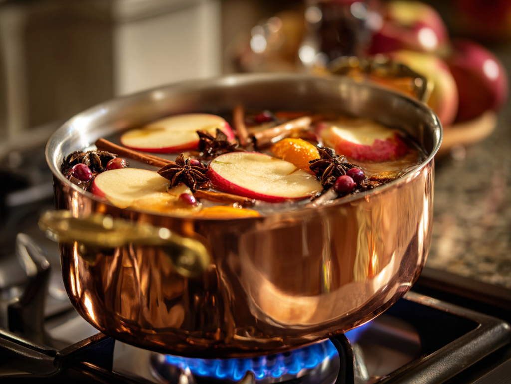 Stovetop with a decorative pot simmering with apple slices and cinnamon sticks