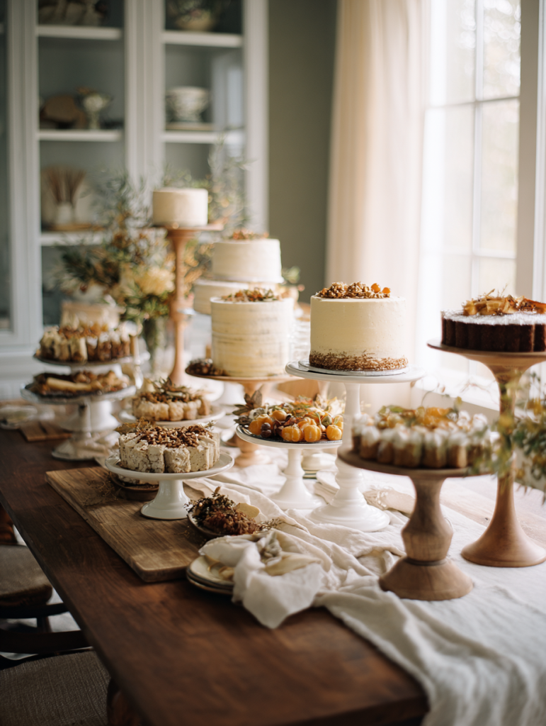 Various autumn desserts placed on cake stands at different levels for a stunning aesthetic