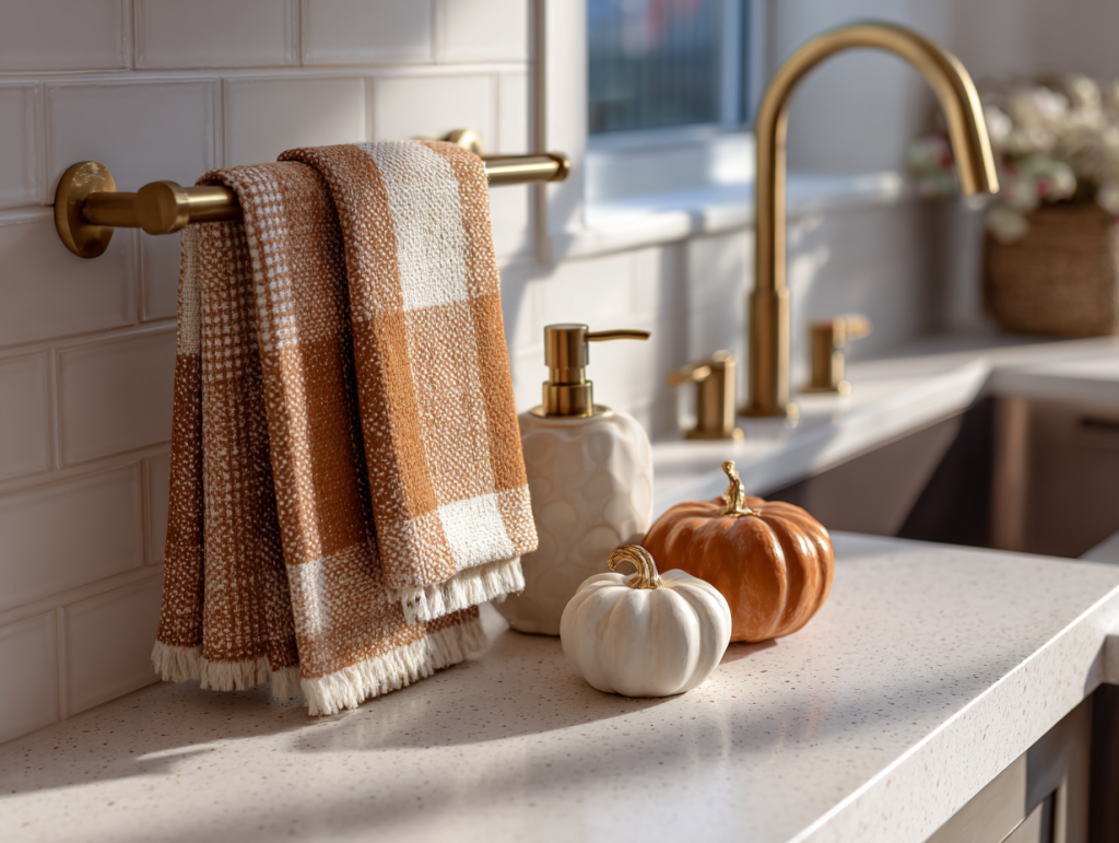 autumn hand towels next to a decorative soap dispenser with small pumpkins