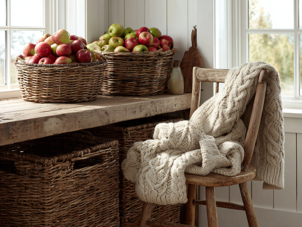 cozy sweater draped over chair near baskets of apples