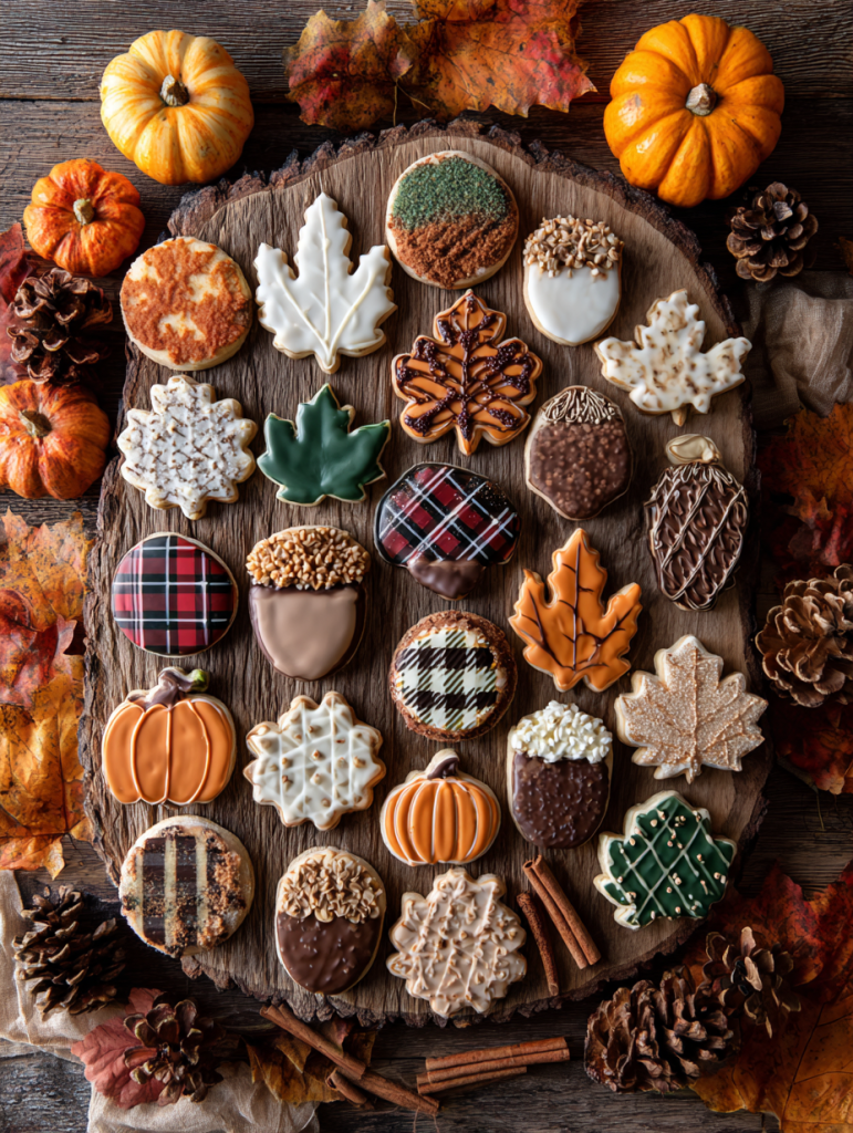 fall aesthetic cookie collection on large rustic wooden board