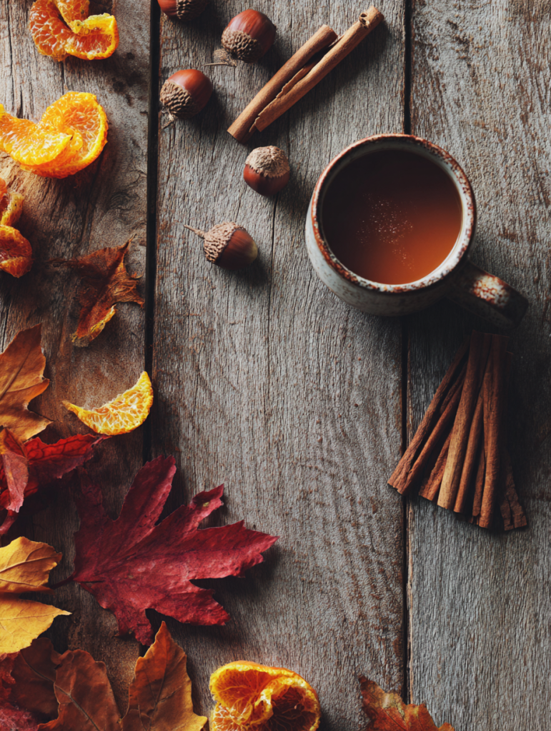 flat lay of a rustic, fall-themed table surface