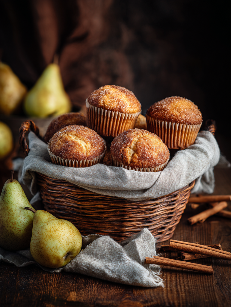 golden-brown pear muffins with cinnamon sugar tops