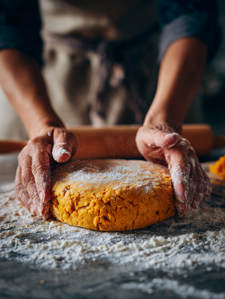 hands shaping orange-colored pumpkin scone dough on flour-dusted marble surface