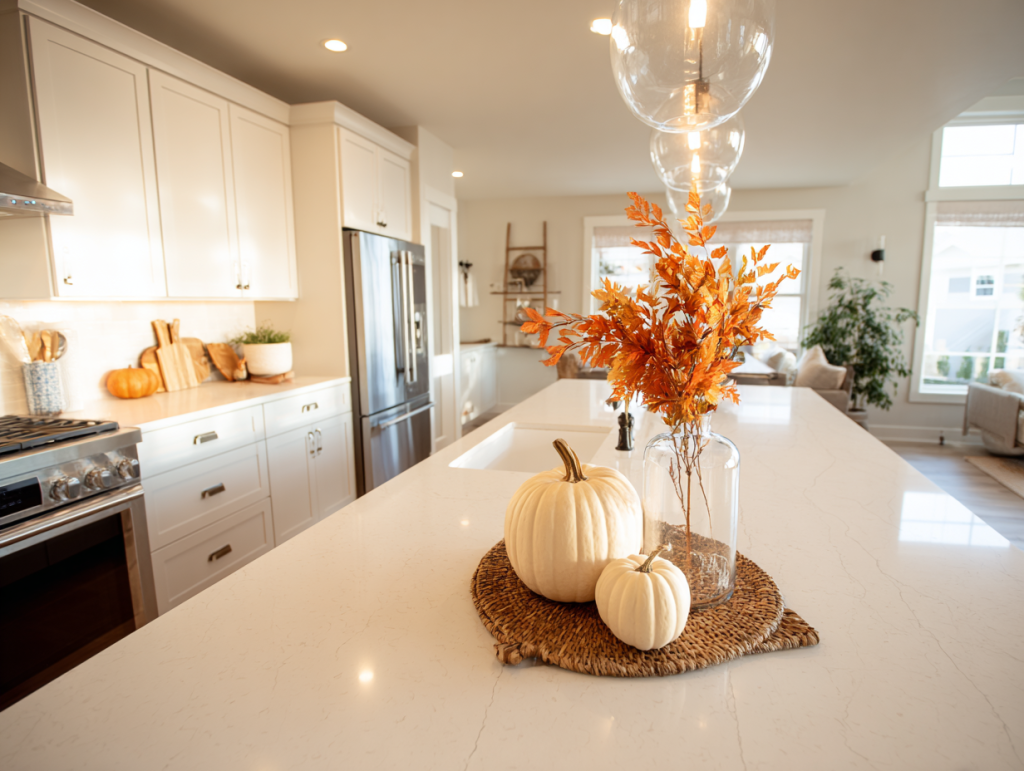 kitchen counter with autumn decor that still leaves plenty of workspace for cooking