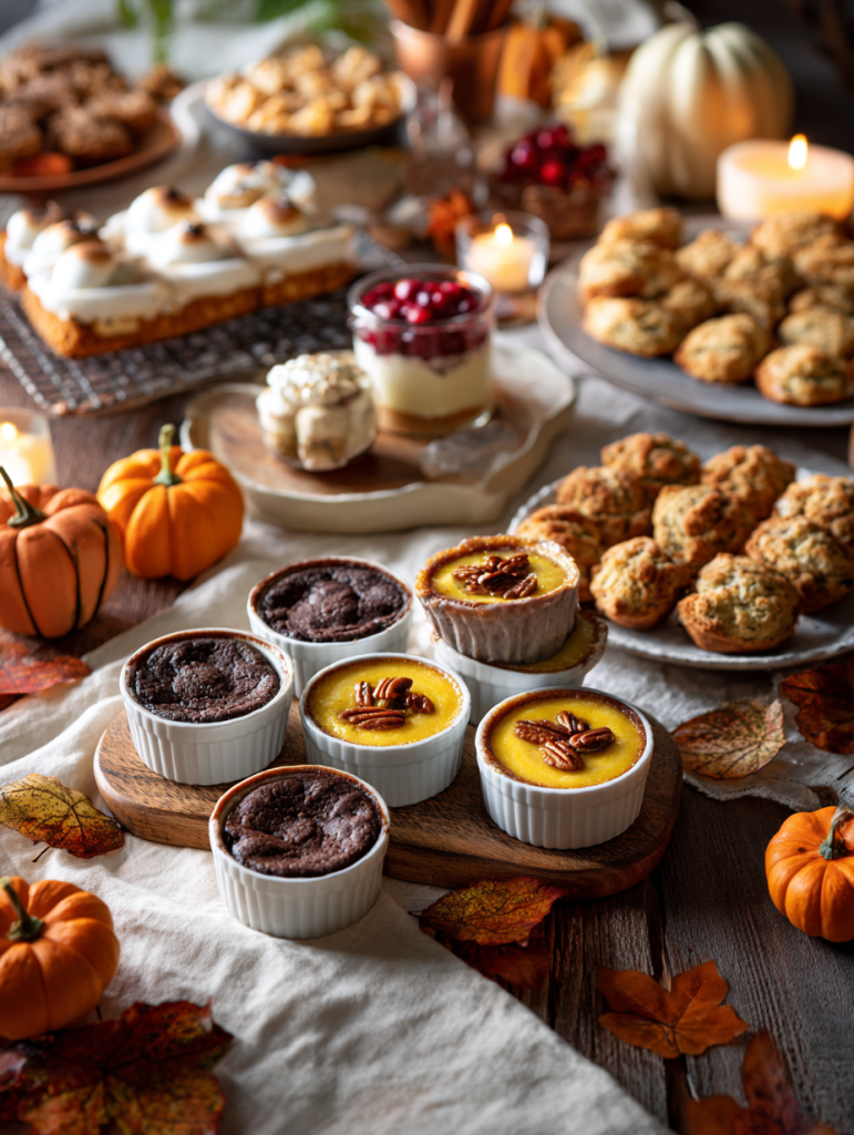 mini friendsgiving desserts spread on table
