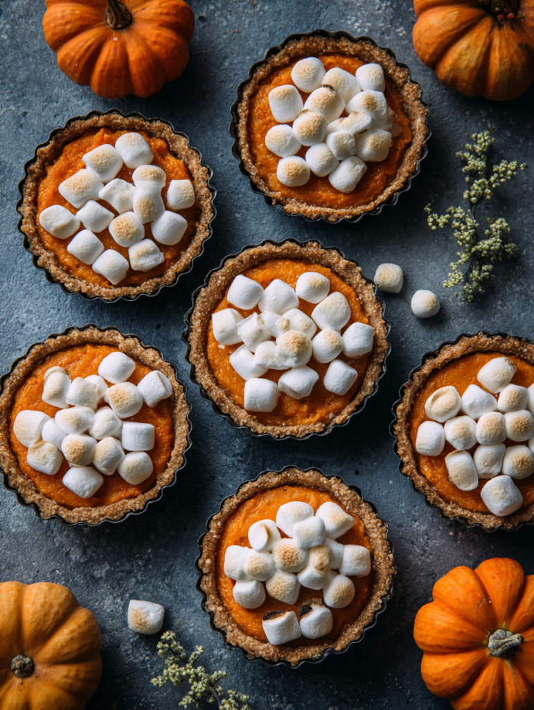 mini pies in individual tartlet pans with vibrant orange sweet potato filling and perfectly toasted mini marshmallows