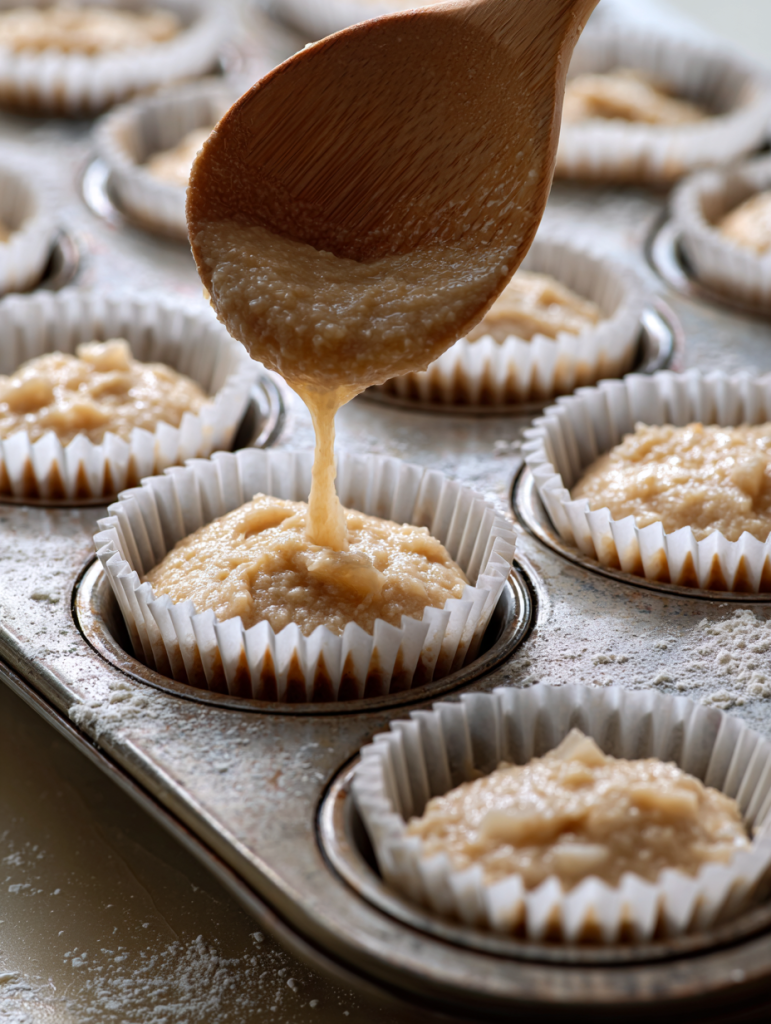 muffin batter being spooned into paper-lined muffin cups