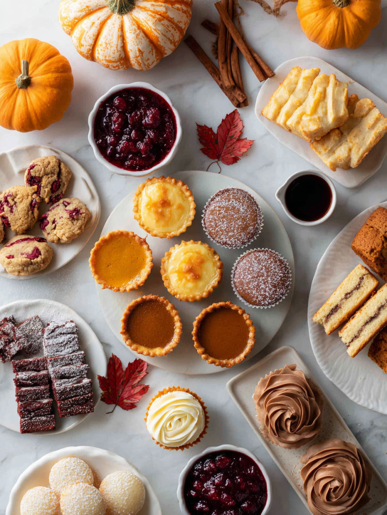 various autumn desserts arranged on a white marble surface